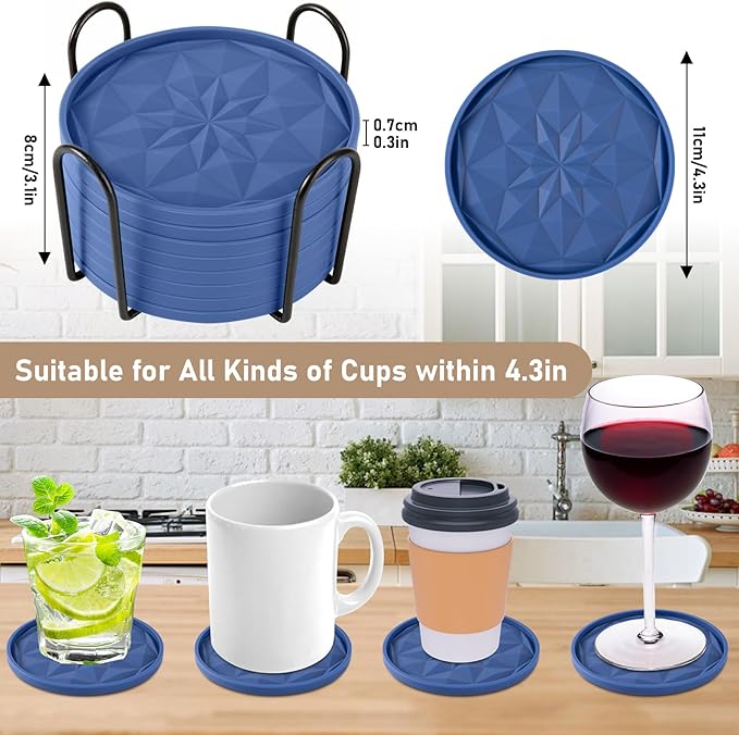 OIAHOMY 8 Pcs Coasters with Holder for Beer, Coffee, Silicone Coaster Set for Table Decor for Kitchen, Bar, Dining Room, Living Room, Housewarming Gifts - Blue