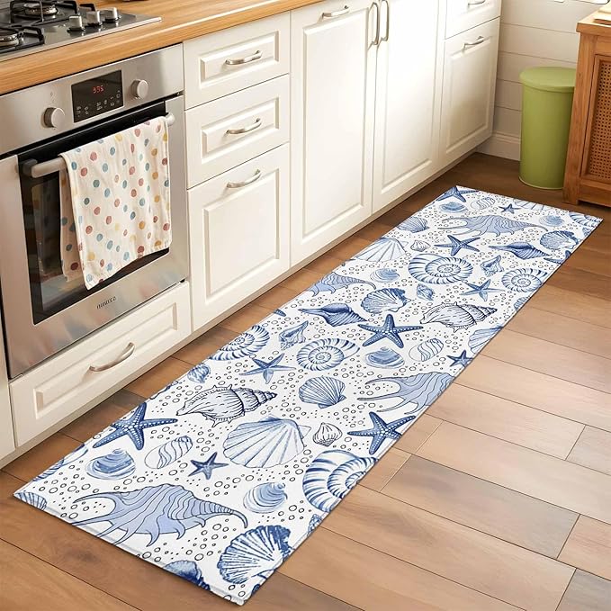Runner Rug for Bedroom Hallway, Navy Blue Starfish Conch Shell Seamless Kitchen Runner Rugs Area Rug 2x6ft, Summer Ocean Bubbles Washable Soft Floor Carpet for Entryway Stair