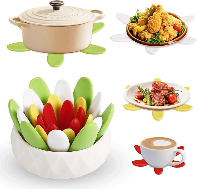 Silicone Succulent Cup Coasters Set of 4, Colorful Trivet Mats, Hot Pads for Pots Pans, Foldable Heat Resistant Coasters with Holder, Multipurpose Kitchen Table Protection (Green Yellow White Red)