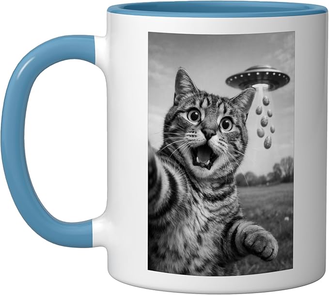 Funny Cat Selfie Easter Eggs Alien UFO Abduction Men Women Ceramic Mug, Blue/White