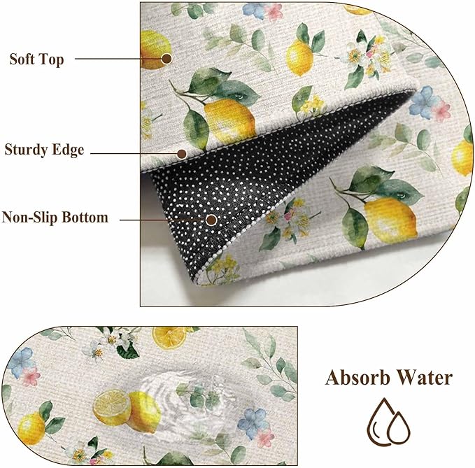 Area Rug 4x6ft, Country Lemon Flower Leaf Washable Rugs for Living Room Bedroom, Pastoral Fruit Plant Vintage Linen Soft Non-Slip Area Rugs Rectangle Floor Carpet for Dining Room