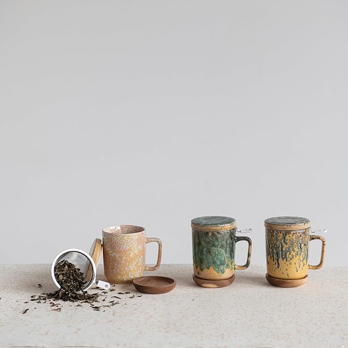 Creative Co-Op 3-Piece Stoneware Mug with Strainer, Lid and Saucer, Multicolor