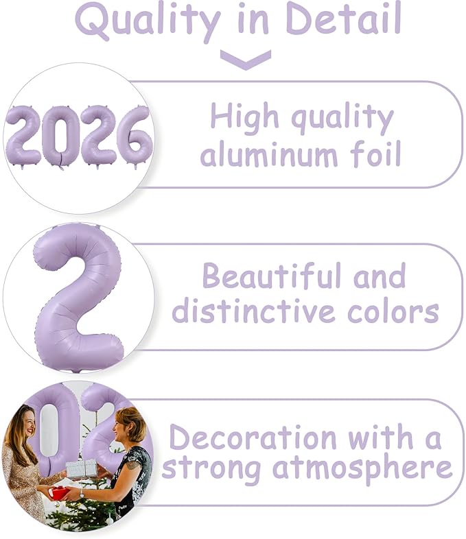 Huge Light Purple 2026 New Year Balloons 40 Inch Pale Lavender 2026 Mylar Foil Helium Number Balloons Christmas New Year Eve Graduation Party Decorations Supplies