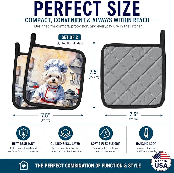 Caroline's Treasures Maltese The Chef Pair of Pot Holders Kitchen Heat Resistant Pot Holders Sets Oven Hot Pads for Cooking Baking BBQ, 7 1/2 x 7 1/2