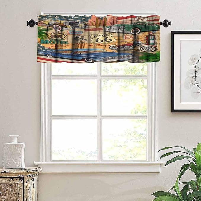 Vintage Car Valance Curtain Old Classic Car Theme American Vintage Diner Motorcycle Rod Pocket Valance Window Treatments Short Curtains for Kitchen Bathroom Farmhouse 54x18inch