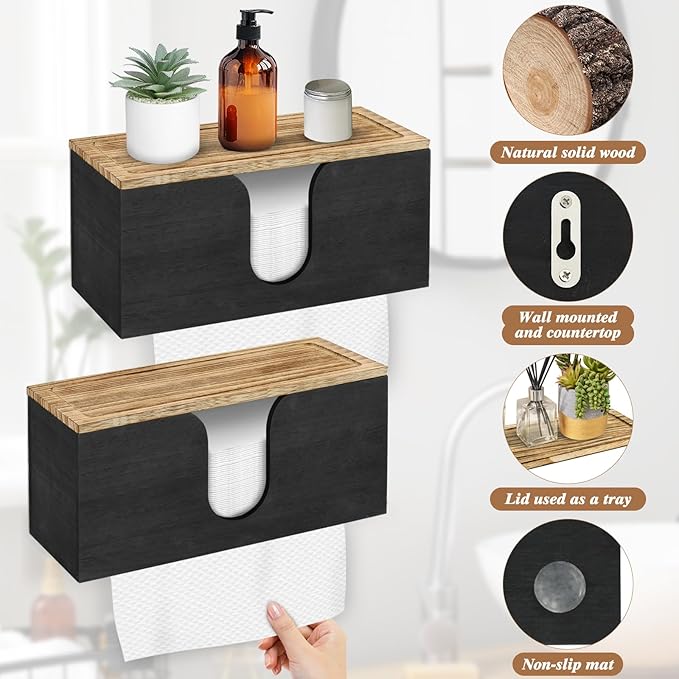 2 Pack Solid Wood Paper Towel Dispenser Wall Mounted, Folded Paper Towel Holder with Lid, Commercial C-Fold, Z-Fold, Trifold Hand Paper Towel Holder Dispenser for Bathroom Kitchen Office