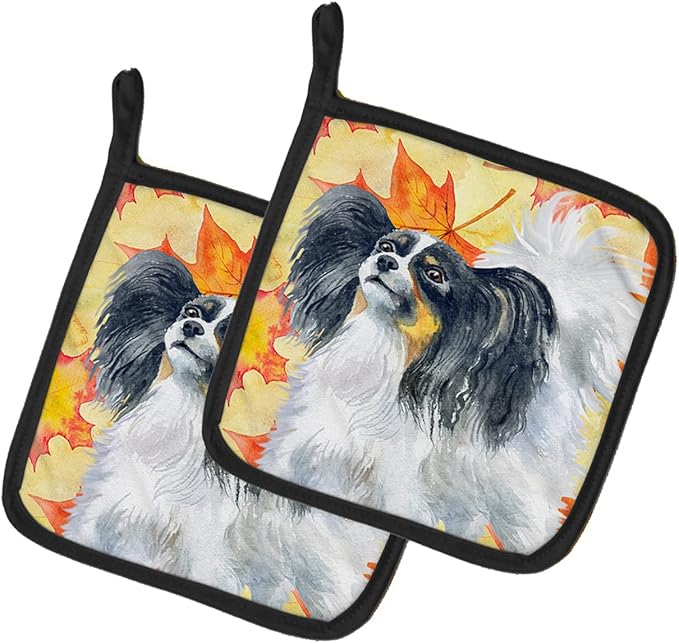 Caroline's Treasures BB9918PTHD Papillon Fall Pair of Pot Holders, Yellow Kitchen Heat Resistant Pot Holders Sets Oven Hot Pads for Cooking Baking BBQ, 7 1/2 x 7 1/2