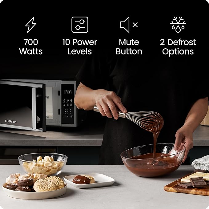 Chefman Compact Countertop Microwave Oven 0.7 Cu. Ft., 700W with 10 Power Levels, 3 Cooking Presets with One-Touch Express Cook, 2 Defrost Settings, Child Safety Lock, & Mute Button – Stainless Steel