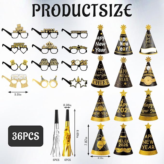 36 pcs 2026 New Years Decorations, New Years Eve Party Supplies 2026,Happy New Year 2026 Celebration Set for Home and Office Parties