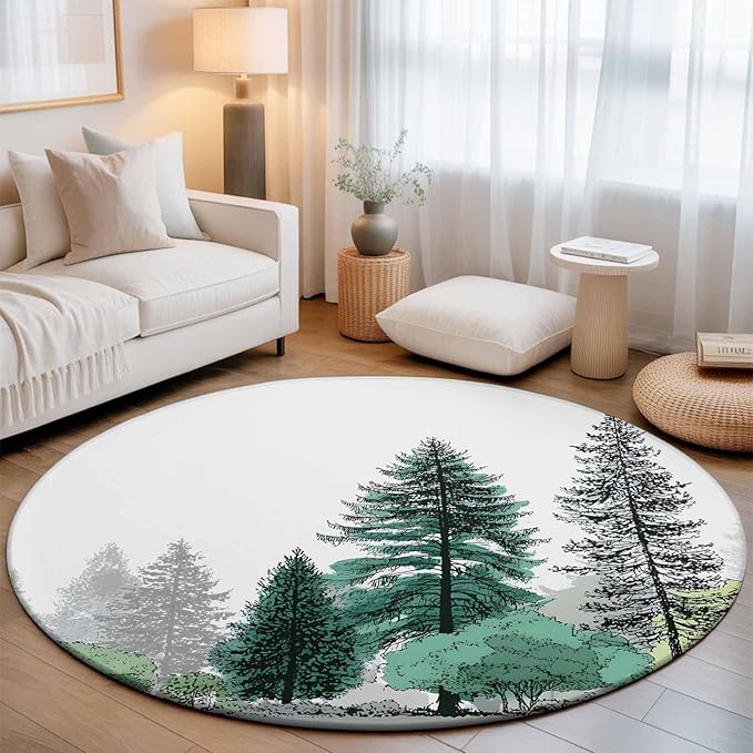 Washable Round Area Rug Minimalist Pine Tree Circle Rugs Floor Carpet for Living Room Bedroom, Farmhouse Watercolor Plants Soft Non Slip Round Rug 5ft