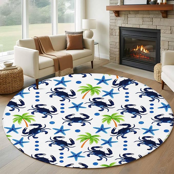 Washable Round Area Rug Abstract Blue Crab Starfish Circle Rugs Floor Carpet for Living Room Bedroom, Watercolor Palm Tree Soft Non Slip Round Rug 5ft