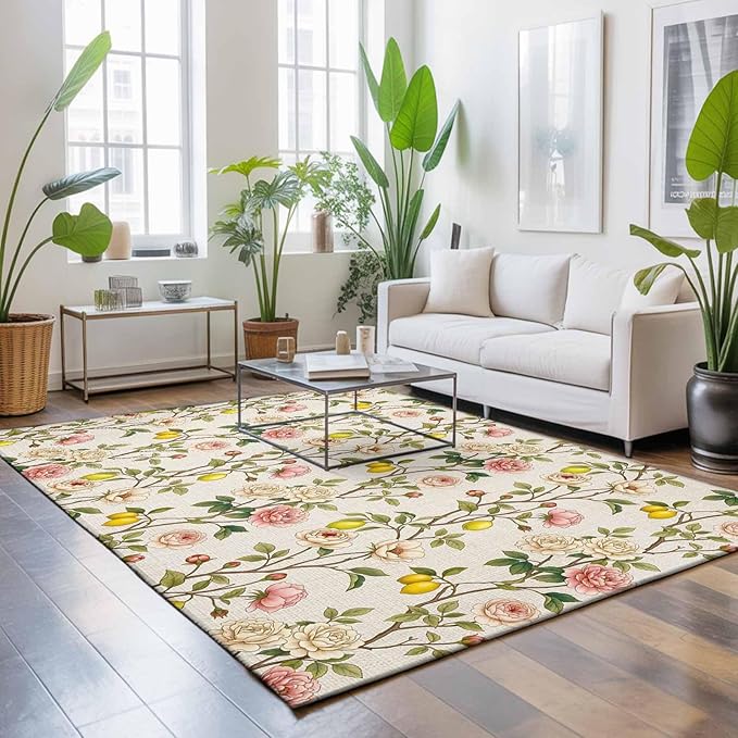 Area Rug 3x5ft, Farmhouse Blossom Flower Leaf Lemon Washable Rugs for Living Room Bedroom, Summer Retro Floral Fruit Soft Non-Slip Area Rugs Rectangle Floor Carpet for Dining Room