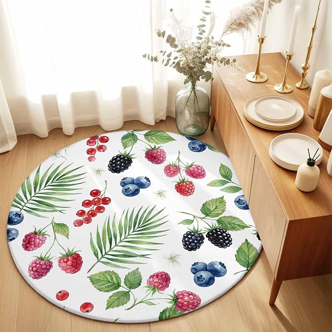 Washable Round Area Rug Farm Fruit Berry Cherry Blueberry Circle Rugs Floor Carpet for Living Room Bedroom, Watercolor Mulberry Leaves Soft Non Slip Round Rug 3ft