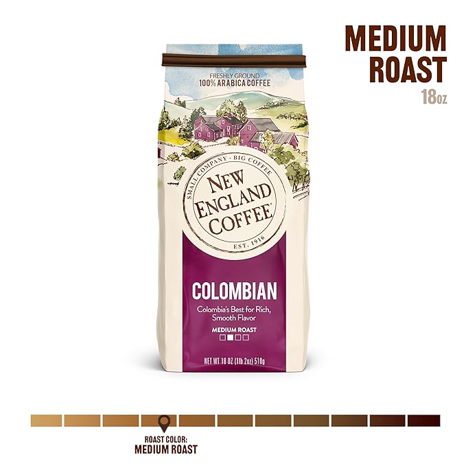New England Coffee Colombian Medium Roast Ground Coffee, 18oz Bag (Pack of 1)