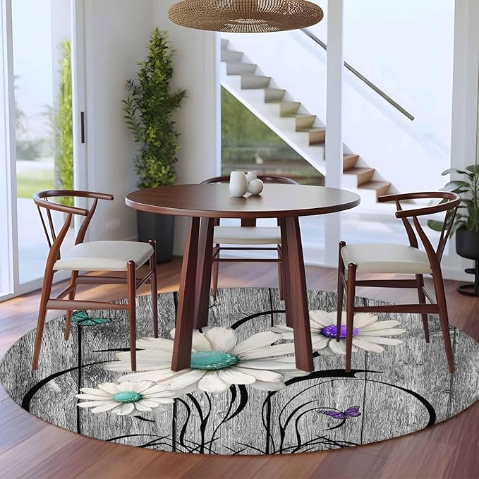 Washable Round Area Rug Farm Daisy Shabby Wood Grain Circle Rugs Floor Carpet for Living Room Bedroom, Vintage Flower Plant Butterfly Soft Non Slip Round Rug 5ft