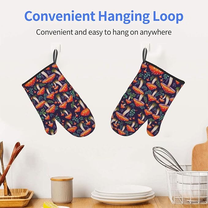 Mushroom Oven Mitts of 2-Pack Set, Funny Kitchen Gloves Heat Resistant Non-Slip Kitchen Mitts Safe Cooking Baking Grilling