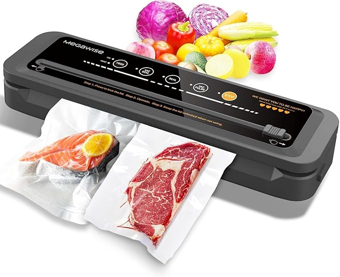 MEGAWISE Vacuum Sealer, 80kPa Suction, One-Touch Automatic, Dry & Moist Modes, 12-Inch Sealing, Vacuum Sealer for Food, Chef Preserve Compact Vacuum Sealer, Built-in Cutter, Black