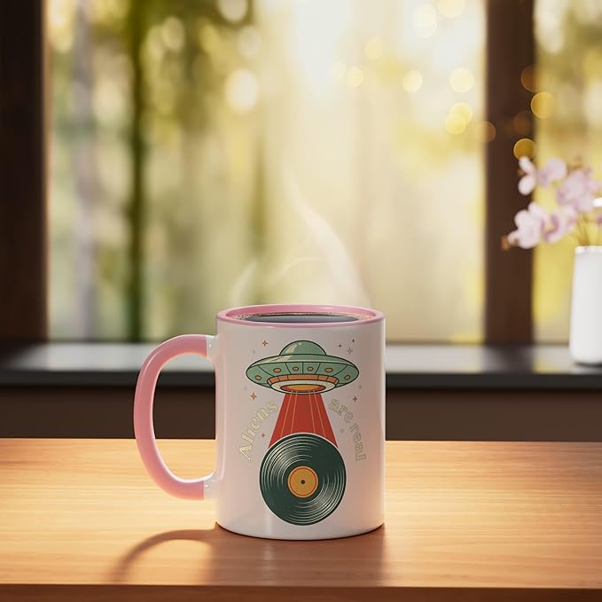 Vintage UFO Abduction Vinyl Record Player Retro Music Lover Ceramic Mug, Pink/White