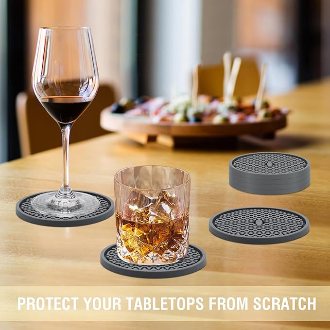 Silicone Coasters for Drinks, Non‑Slip Spill‑Proof Heat Resistant Coasters Set of 4, Reusable Washable Table Protection for Home Decor Kitchen Office, Bar(4Pack,Gray)