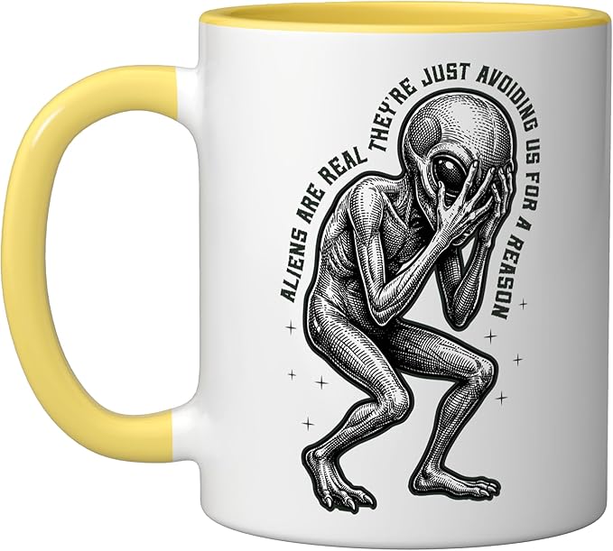 Aliens UFO Space Sci Fi Believer Extraterrestrial Ceramic Mug, Yellow/White