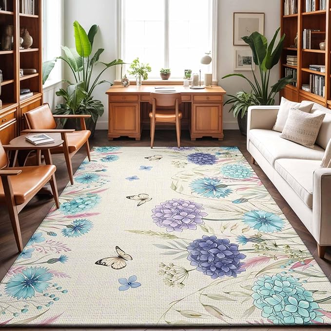 Area Rug 9x12ft, Farm Blossom Floral Hydrangea Washable Rugs for Living Room Bedroom Rectangle Floor Carpet, Watercolor Butterfly on Linen Soft Non-Slip Area Rugs for Dining Room