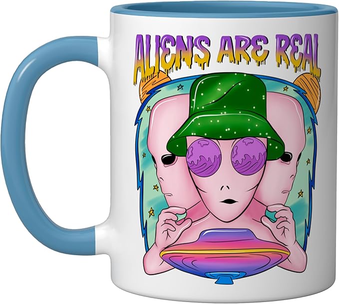Aliens Are Real UFO Flying Saucer Grey Alien Sci-Fi Art Ceramic Mug, Blue/White