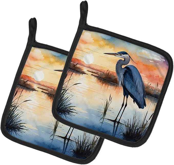 Caroline's Treasures Blue Heron Setting Sun Pair of Pot Holders Kitchen Heat Resistant Pot Holders Sets Oven Hot Pads for Cooking Baking BBQ, 7 1/2 x 7 1/2