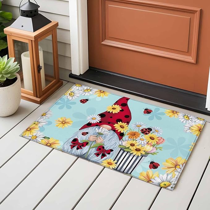 Area Rug 2x3ft, Summer Ladybug Gnome Daisy Flower Washable Rugs for Living Room Bedroom, Watercolor Bloom Floral on Blue Soft Non-Slip Area Rugs Rectangle Floor Carpet for Dining Room