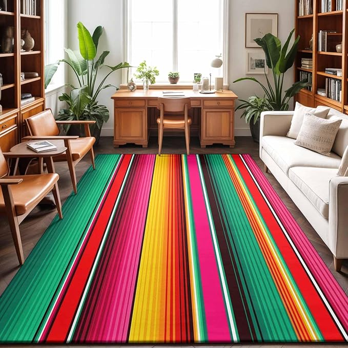 Area Rug 4x6ft, Vintage Mexican Stripes Abstract Washable Rugs for Living Room Bedroom, Native American Stripe Soft Non-Slip Area Rugs Rectangle Floor Carpet for Dining Room