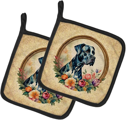Caroline's Treasures Great Dane and Flowers Pair of Pot Holders Kitchen Heat Resistant Pot Holders Sets Oven Hot Pads for Cooking Baking BBQ, 7 1/2 x 7 1/2