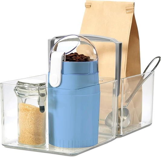 madesmart Fridge Portable Tote, Condiment Caddy with 2 Compartments, Pop-Up Handle & Non-Slip Base, Refrigerator Organizer for Sauces, Jars & Small Items, Clear