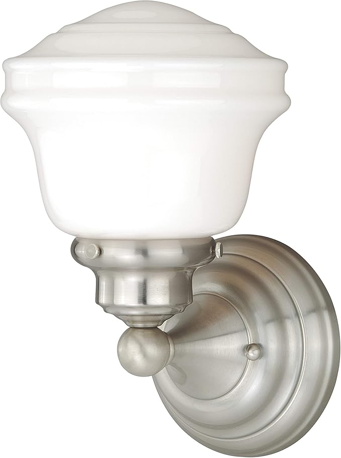 VAXCEL Huntley 1-Light 6.75 inch Wide Satin Nickel Farmhouse Bathroom Vanity Lighting Fixture, White Schoolhouse Milk Glass Globe Shade, Dimmable, LED Compatible, Wall Mounted Steel Sconce