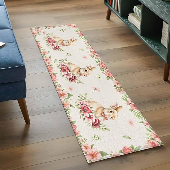 Runner Rug for Bedroom Hallway, Retro Easter Rabbit on Linen Kitchen Runner Rugs Area Rug 2x6ft, Spring Pastoral Pink Flower Leaf Washable Soft Floor Carpet for Entryway Stair