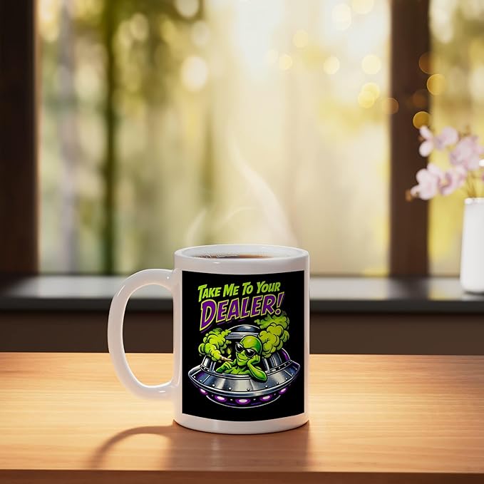 420 Take Me To Your Cannabis Weed Stoner Sc-Fi Alien UFO Ceramic Mug, White