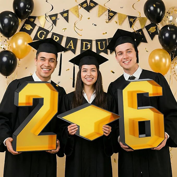 26 Fillable Number for Charcuterie with Grad Cap Shaped Cardboard Tray Black Gold 2026 Graduation Party Table Decorations 13.8'' Pre-cut Board Storage Decorative Paper Mache Box College Grad