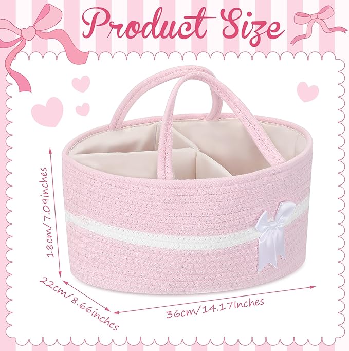 Yinkin 1 Pcs Extra Large Cotton Rope Storage Basket with Handles and Removable Divider Woven Gift Baskets with Bow for Closet Bedroom Nursery Toys Organizing, 14.17 x 8.66 x 7.09 Inch(Pink and White)