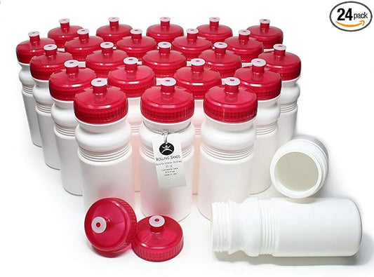 Rolling Sands Reusable Bulk Water Bottles 24 Pack - 20 Oz Sports Water Bottles, USA Made, BPA-Free, Wide Mouth for Easy Cleaning, Dishwasher Safe, Break Resistant - White Bottle/Red Lid