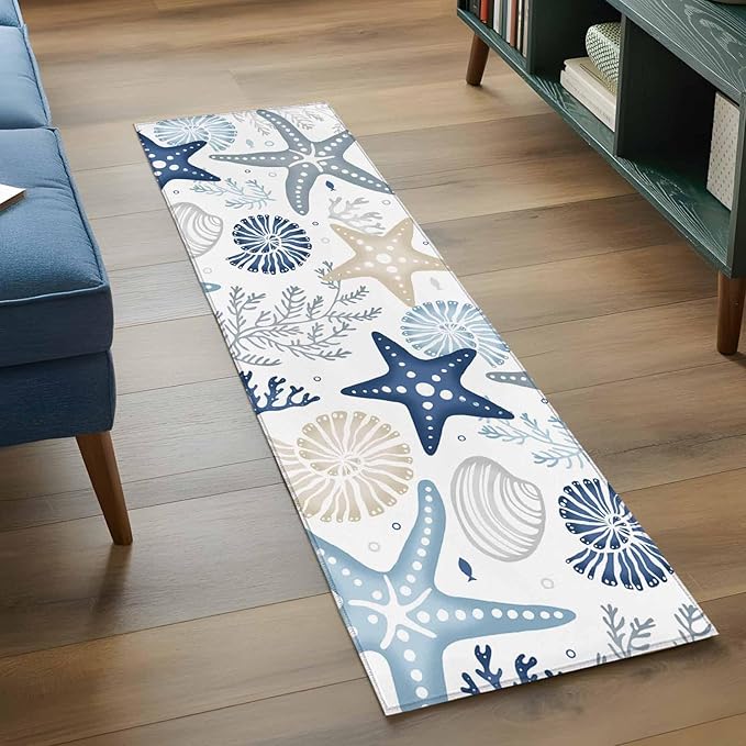 Runner Rug for Bedroom Hallway, Ocean Starfish Shell Conch Kitchen Runner Rugs Area Rug 2x6ft, Sea Blue Coral Seamless Washable Soft Floor Carpet for Entryway Stair