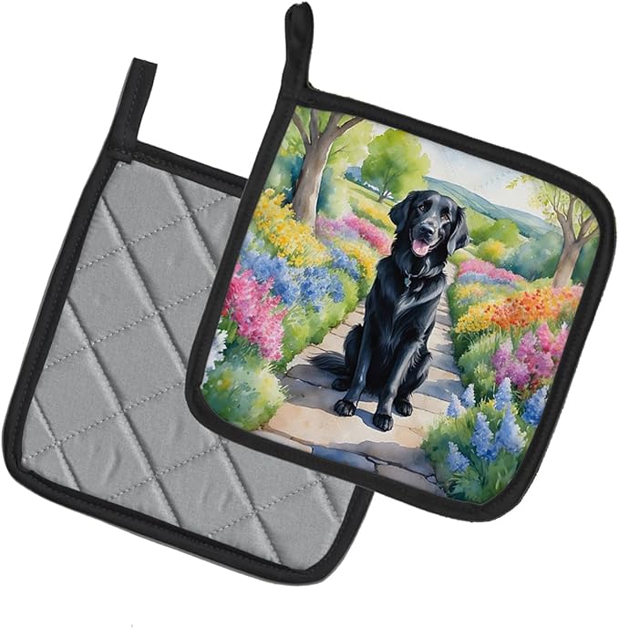 Caroline's Treasures Flat-Coated Retriever Spring Path Pair of Pot Holders Kitchen Heat Resistant Pot Holders Sets Oven Hot Pads for Cooking Baking BBQ, 7 1/2 x 7 1/2