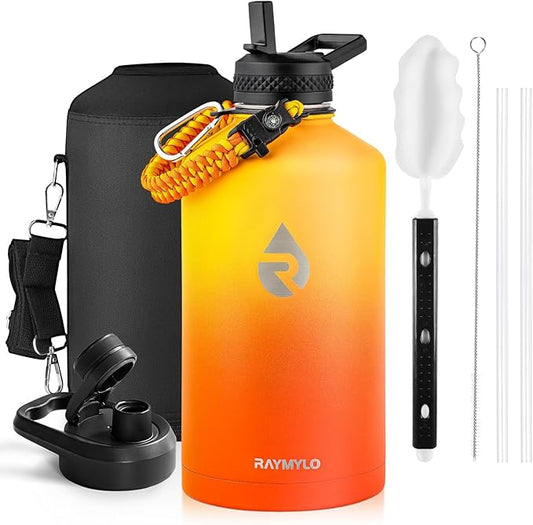 RAYMYLO One Gallon Water Bottle Insulated, Triple Walled Vacuum Stainless Steel (Cold for 48 Hrs), Leak Proof & Non-BPA, Large Water Flask Jug with Paracord Handle & Straw Spout Lids