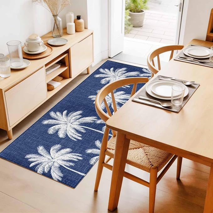 Runner Rug for Bedroom Hallway, Coastal Palm Trees on Blue Kitchen Runner Rugs Area Rug 2x6ft, Minimalist Tropical Leaves Washable Soft Floor Carpet for Entryway Stair