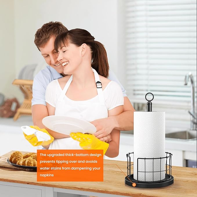 Homode Paper Towel Holder Countertop, Free-Standing Paper Towel Rack with Heavy Duty Wood Base, Industrial Paper Towel Roll Stand for Kitchen Counter, Fits Standard and Jumbo Size Rolls, Black