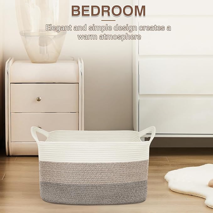 YOUDENOVA Nursery Storage Basket，21.6''×14.9''×11.8'' Rectangle Cotton Rope Blanket Basket, Nursery Laundry Hamper for Organizing，Toy Basket for Living Room, Bedroom