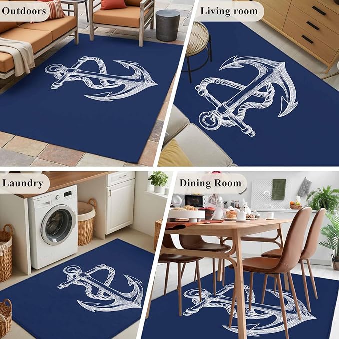 Area Rug 3x5ft, Marine Theme Anchor String Sketch Washable Rugs for Living Room Bedroom, Watercolor Nautical Theme Soft Non-Slip Area Rugs Rectangle Floor Carpet for Dining Room