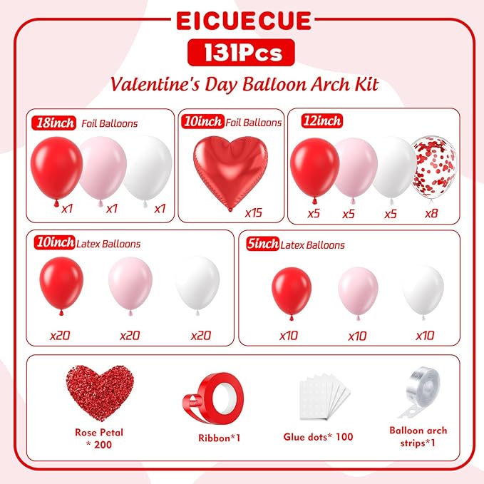 Valentines Day Balloons Garland Arch Kit - 331Pcs Rose Petals Red Heart Foil Balloon Different Size Red Pink White Balloons for Valentine's Day Galentine's Day Anniversary Party Decorations