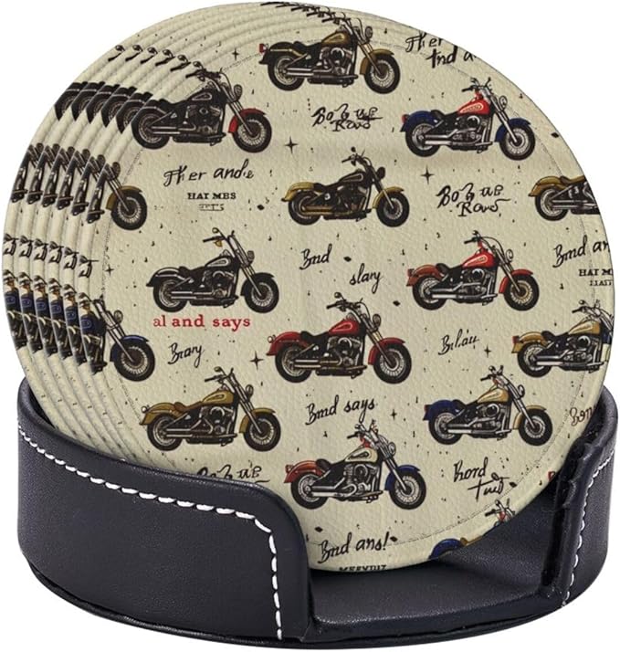 Motorcycles Leather Drinks Coasters with Holder, Set of 6, Suitable for Various Cups