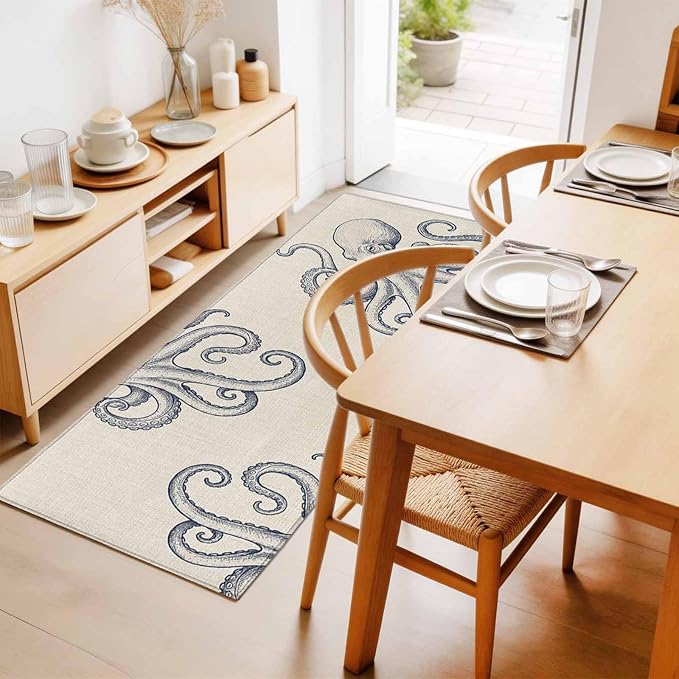 Runner Rug for Bedroom Hallway, Marine Octopus Sea Monster Kitchen Runner Rugs Area Rug 2x6ft, Farmhouse Ocean Life on Linen Washable Soft Floor Carpet for Entryway Stair