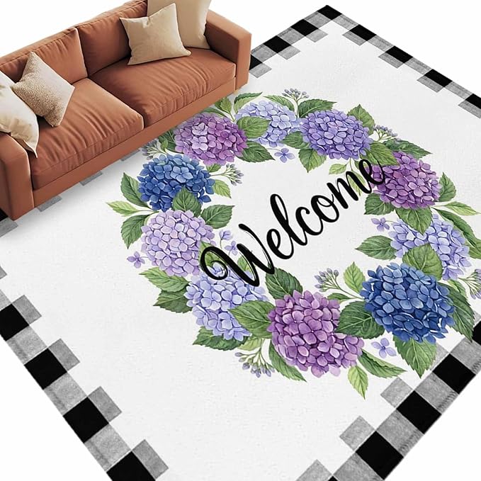 Area Rug 6x9ft, Summer Hydrangea Leaf Washable Rugs for Living Room Bedroom, Purple Blue Flower Buffalo Check Soft Non-Slip Area Rugs Rectangle Floor Carpet for Dining Room