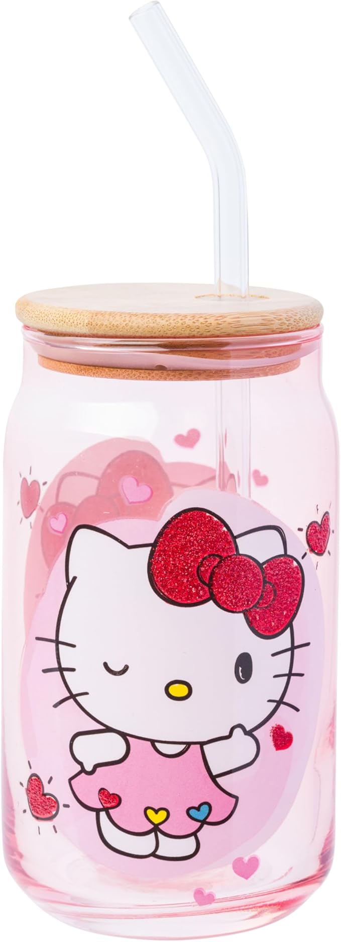 Silver Buffalo Sanrio Hello Kitty and Friends Glitter 2 Pack Glass Tumbler with Bamboo Lid and Glass Straw Set Featuring Hello Kitty and Dear Daniel, 16 Ounces