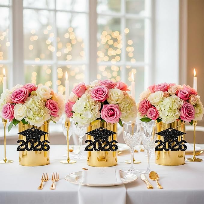 2026 Graduation Party Decorations - 36Pcs Graduation Cutouts Tags Black Glitter 2026 Numbers for Graduation Table Centerpieces Class of 2026 Cutouts for Graduation Party Supplies Favors